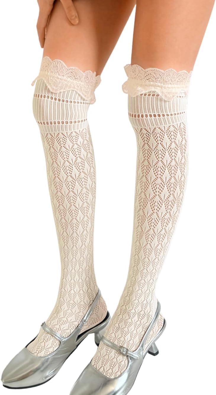 Long Socks With Lace Trim,Cute Knee Highs For Women,Christmas Birthday Renaissance Costume Size 0-8