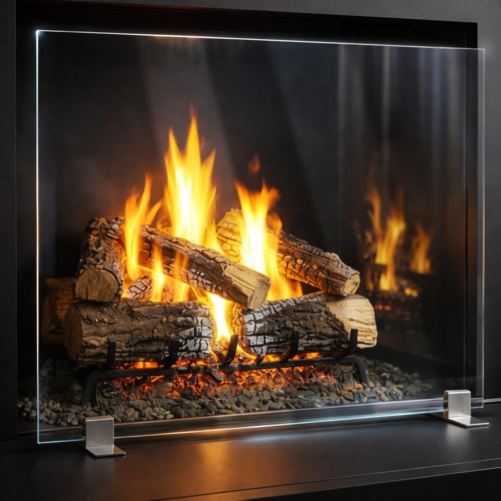 AMS Fireplace | Manhattan Modern Freestanding Frameless Clear Glass Fireplace Screen with Polished Metal Stainless Steel Feet Base (Medium Size: 39" W X 29" H)