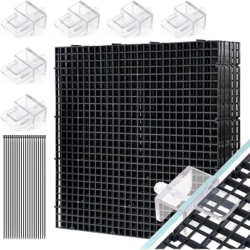 LINLAN Fish Tank Anti-Jump Set, Aquarium Lid, 8 Pieces 11.8x11.8in/30x30cm Plastic Grid with 6 Brackets and 20 Cable Ties, Cover for Rimless AquariumBlack