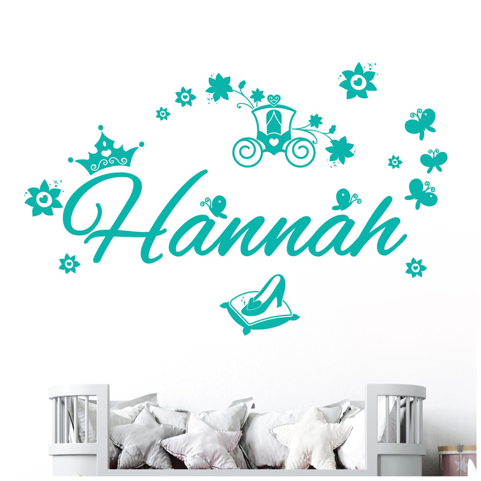 Personalised Name Girls Wall Art Sticker - Princess Fairy Tale Cinderella Story [Medium] [Turquoise]