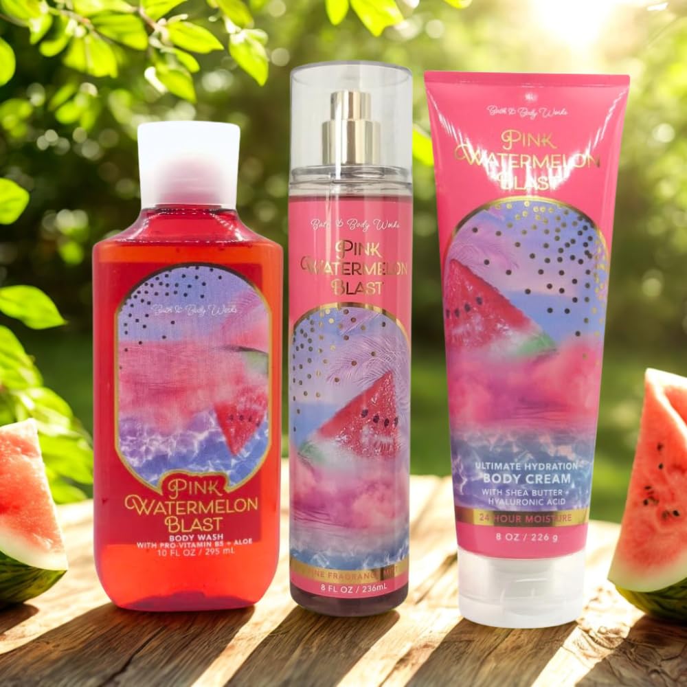 Bath & Body Works PINK WATERMELON BLAST - 3pc bundle - Fine Fragrance Mist, Ultimate Hydration Body Cream and Shower Gel Gift Set w/ a Blue Bow - LIMITED EDITION - Image 6