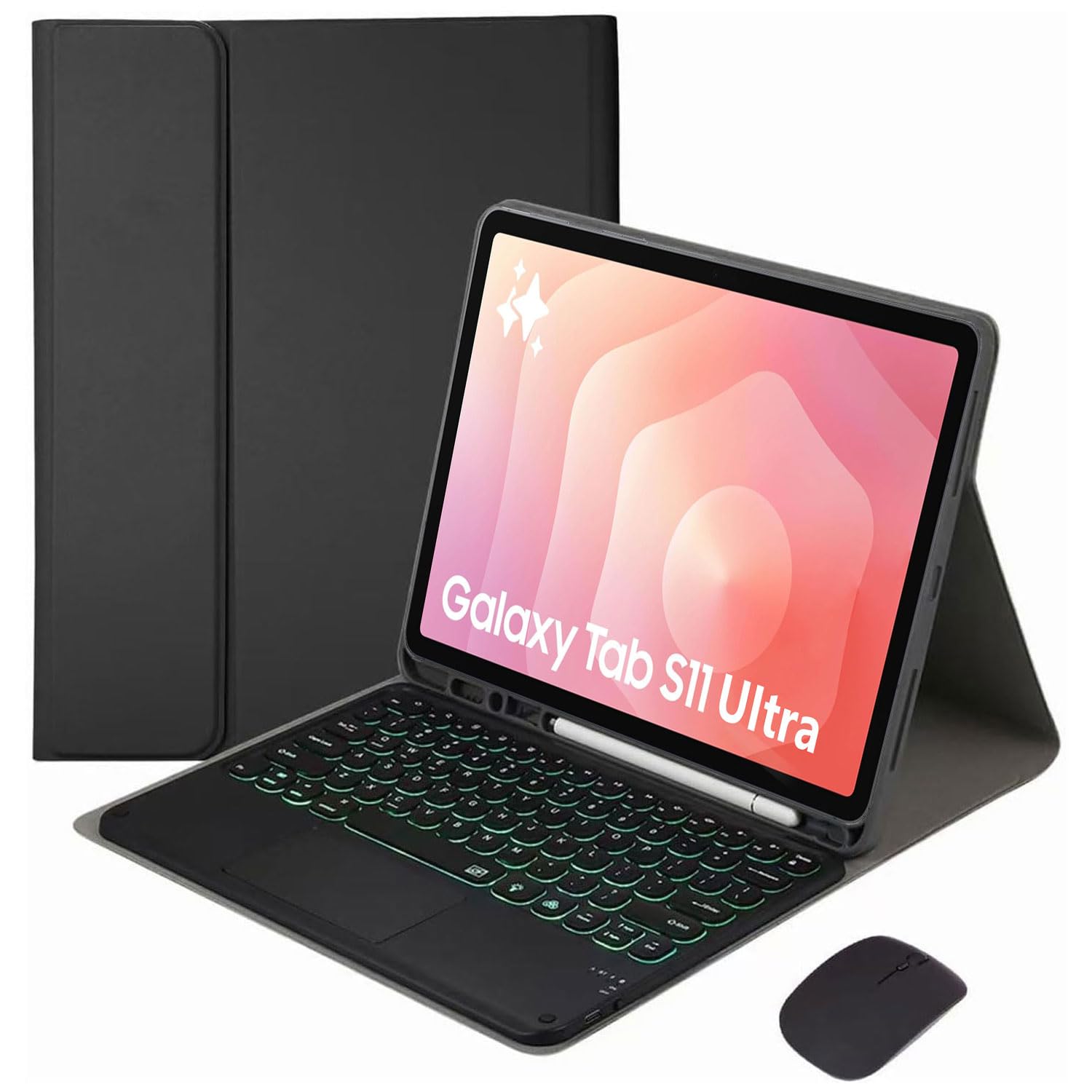 Funda con Teclado para Samsung Galaxy Tab S11 Ultra / S10 Ultra / S9 Ultra / S8 Ultra 14,6 Pulgadas, Español Ñ Teclado Ratón Panel Táctil Extraíble Retroiluminado 7 Colores,Negro