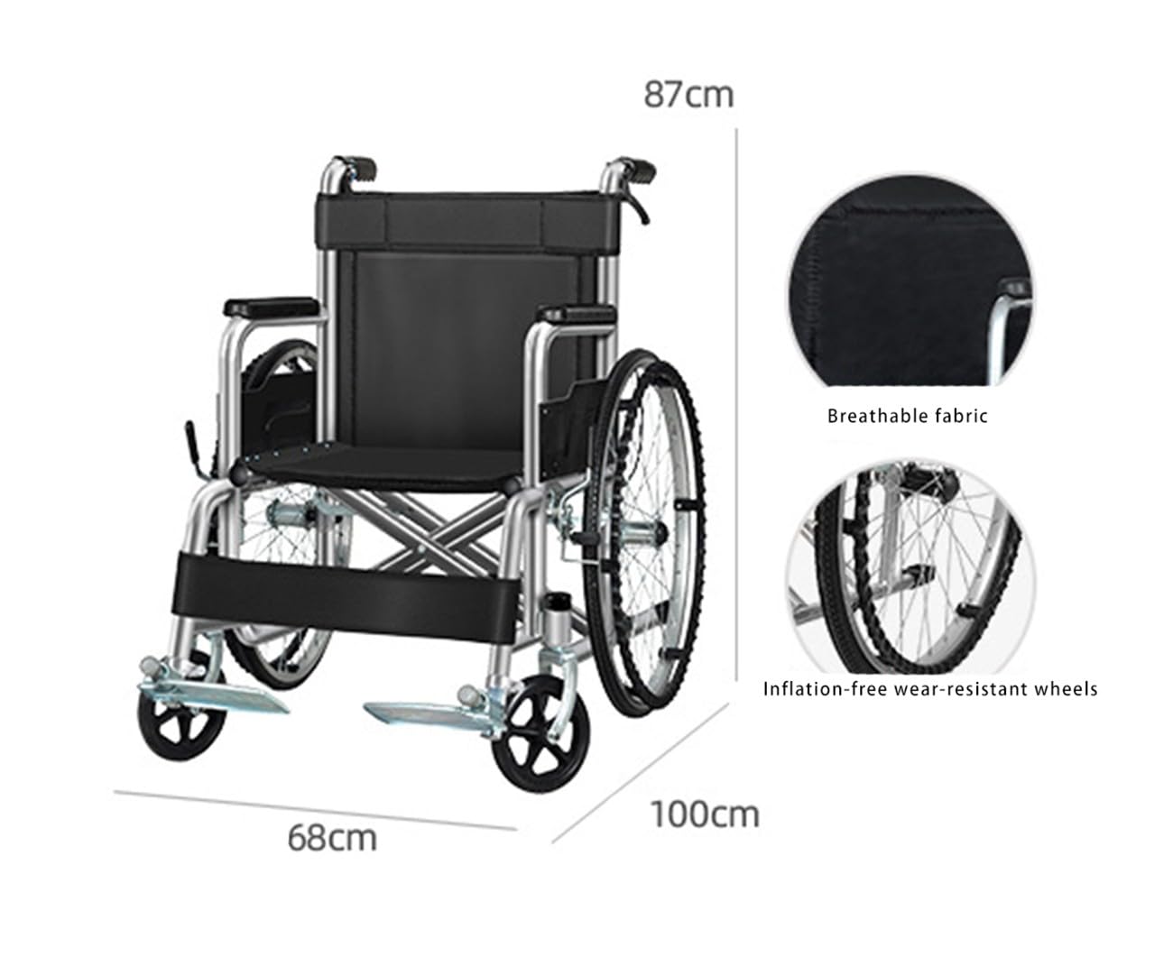 Silla de ruedas autopropulsada ligera con frenos, silla plegable portátil para adultos, diseño compacto y cómodo
