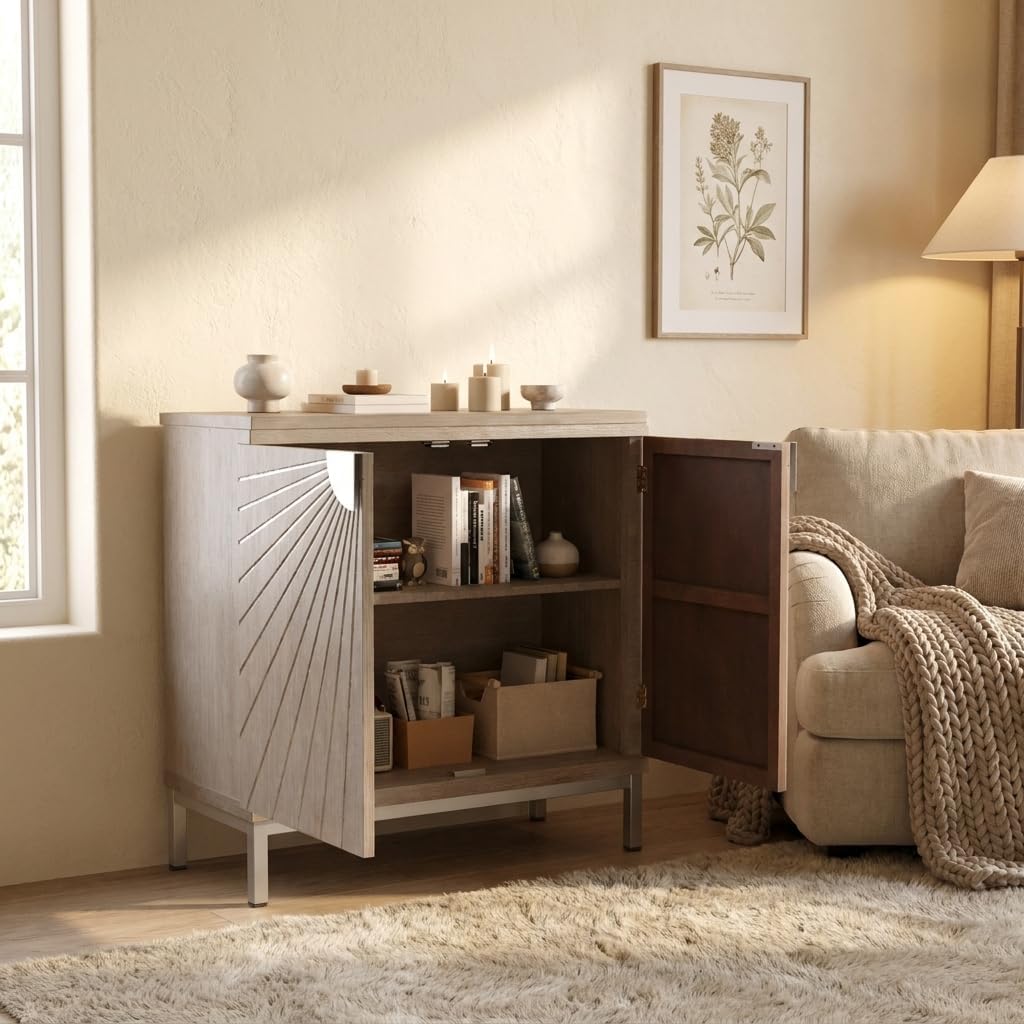 Farmhouse Storage Cabinet with Shelves, Wooden Decorative Cabinet for Living Room, Entryway or Bathroom, Sunburst Pattern, Rustic Wood Finish