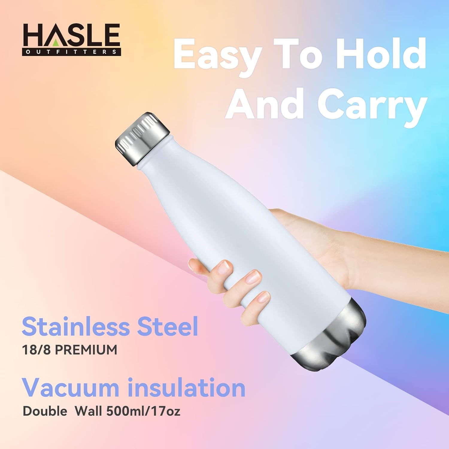 HASLE OUTFITTERS 17oz Stainless Steel Water Bottles Bulk, Vacuum Insulated Water Bottles Double Walled Powder Coated Reusable Metal Sports Water Bottles Keep Drinks Hot and Cold, White, 8Packs - Image 3