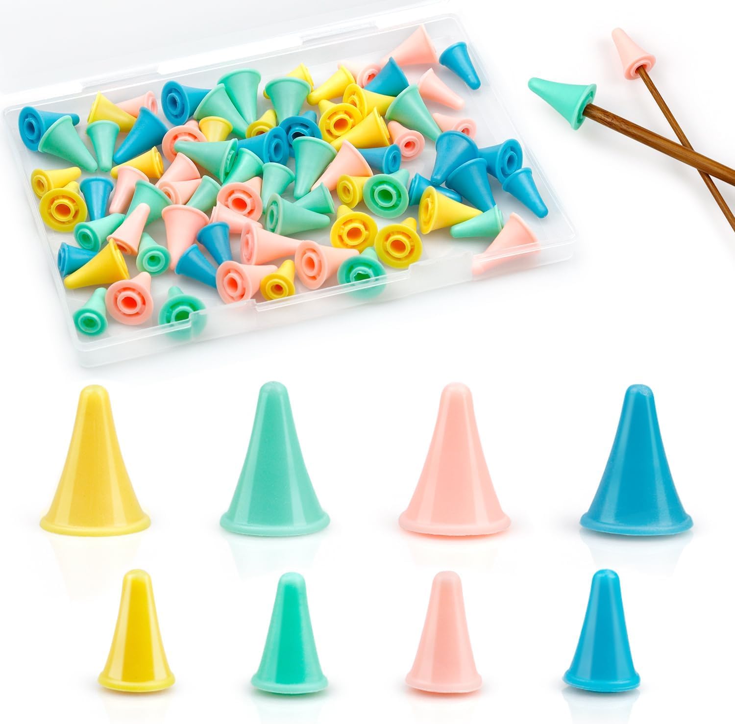 64 PCS Knitting Needle Point Protectors Stoppers with Plastic Box,32 PCS Each Small & Large Knitting Needle Caps (2 Sizes),Stitch Stoppers for Sewing Knitting Crafts(Multi-Color)