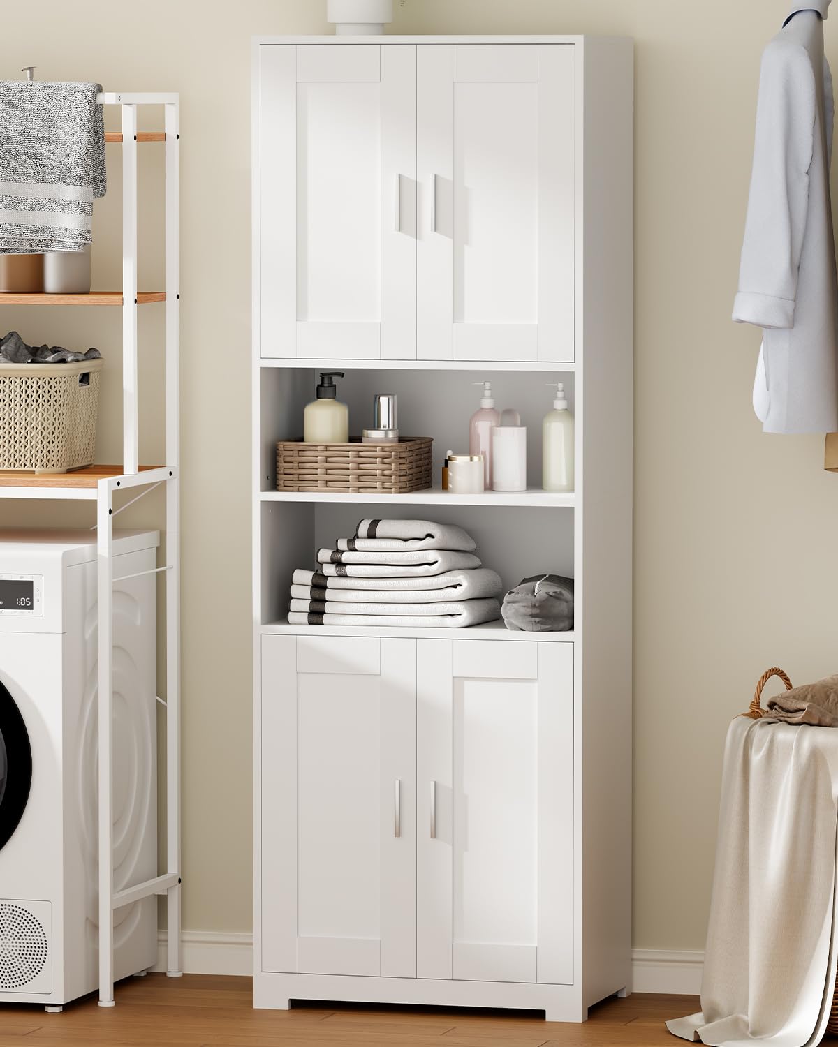 BEWISHOME Armoire de Salle de Bain, Meuble Salle de Bain Rangement, Meuble Colonne de Salle de Bain avec Étagères Réglables, pour Salon Cuisine 60x30x170cm Blanc EYYG09W
