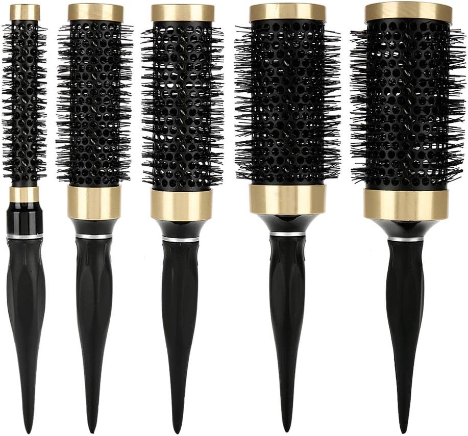 Round Thermal Brush Set, Hair Styling Blow Drying Curling Brush Hair Brush Roller Comb, 5pcs/Set Round Hair Brush Ceramic Comb Professional Salon Styling Tool with Natural Rubber Handle