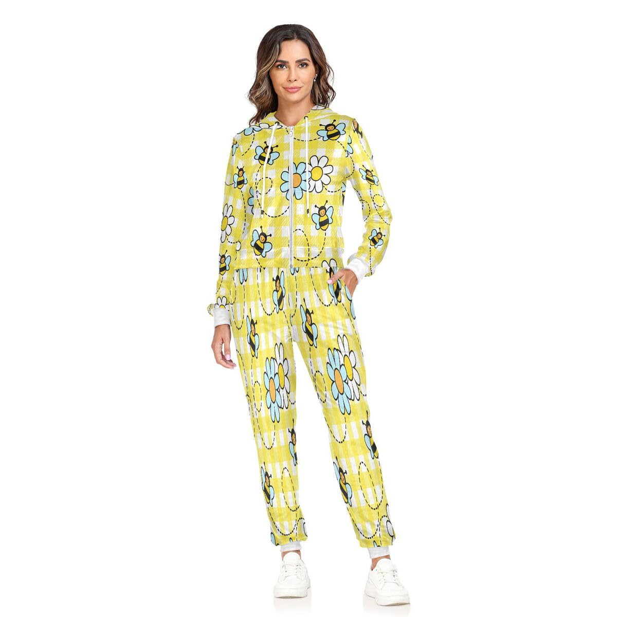 Conjunto deportivo de 2 piezas para mujer, conjunto deportivo de manga larga con estampado de margaritas y insectos