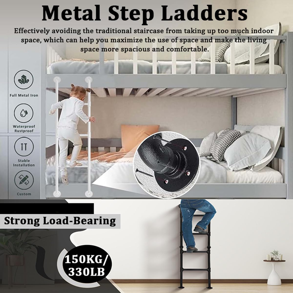Escalera de Salida de Pared de Hierro Forjado Blanco para ático, litera, Escalera de 150-250 cm para sótano, ático, litera, Autocaravana, terraza, Dormitorio,180cm