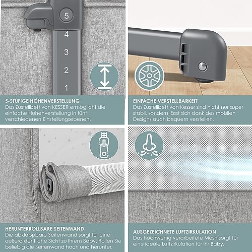 KESSER® Zustellbett Hubi 3in1 Baby Beistellbett Reisebett Babybett mit weich Matratze mit Rollen Kinderbett 5-Fach Höhenverstellung Faltbare Seitenwand für Zuhause und Unterwegs + Spanngurt Hellgrau
