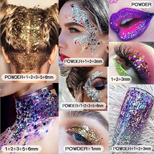 12 Colors Face Glitter, Holographic Festival Glitter Hair Glitter with 2 Pieces Double Head Brushes Chunky Body Glitter for Party