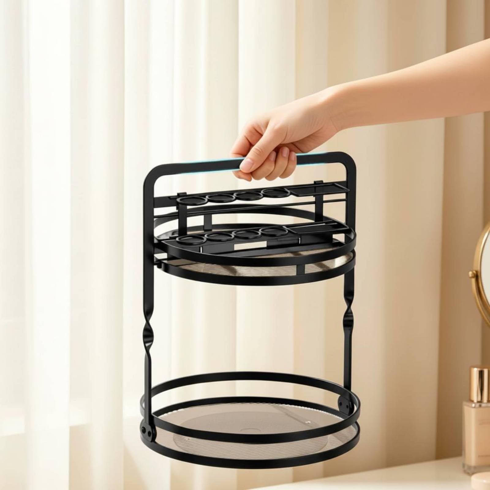 Vanity Organizer Organizzatore Trucco Portatrucchi Portapennelli Portaprofumi Rotante con Base Tonda in Metallo Due Livelli Ordine Rapido con, Nero, Style to 4