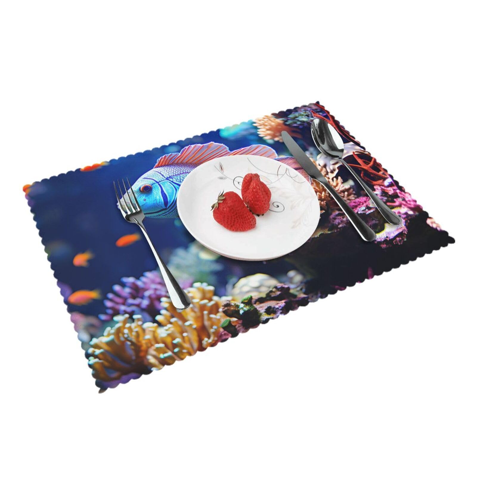 Placemats Set of 4 Heat Resistant Woven Place Mats for Dining Table Coral Reef Fish Aquarium Placemats Washable Wipeable PVC Table Mats Indoor/Outdoor Place Mats for Party Kitchen Decor 30x45 cm