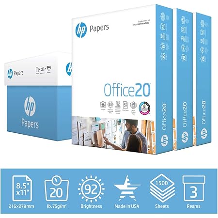 hp Printer Paper | 8.5 x 11 Paper | Office 20 lb | 3 Ream Case - 1500 Sheets | 92 Bright | Made in USA - FSC Certified | 112090C