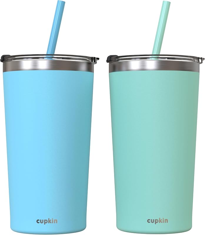CUPKIN Vaso aislado de acero inoxidable con tapa y pajita, tazas de acero inoxidable de 20 oz, juego de 2 tazas de café de viaje para adultos, taza de café helado con tapa, vaso para viajes (azul + verde)