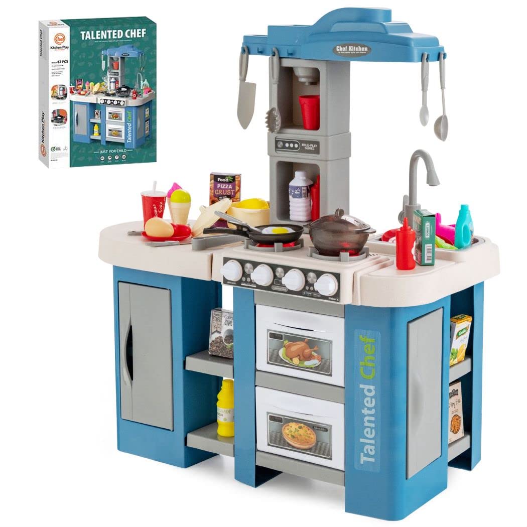 COSTWAY Kids Kitchen Playset, Toddler Pretend Play Toy Set with 67 Pcs Accessories, Realistic Lights & Sounds, Sink, Steam Spray Simulation, Indoor Cooking Play Kitchen for Children (Blue)