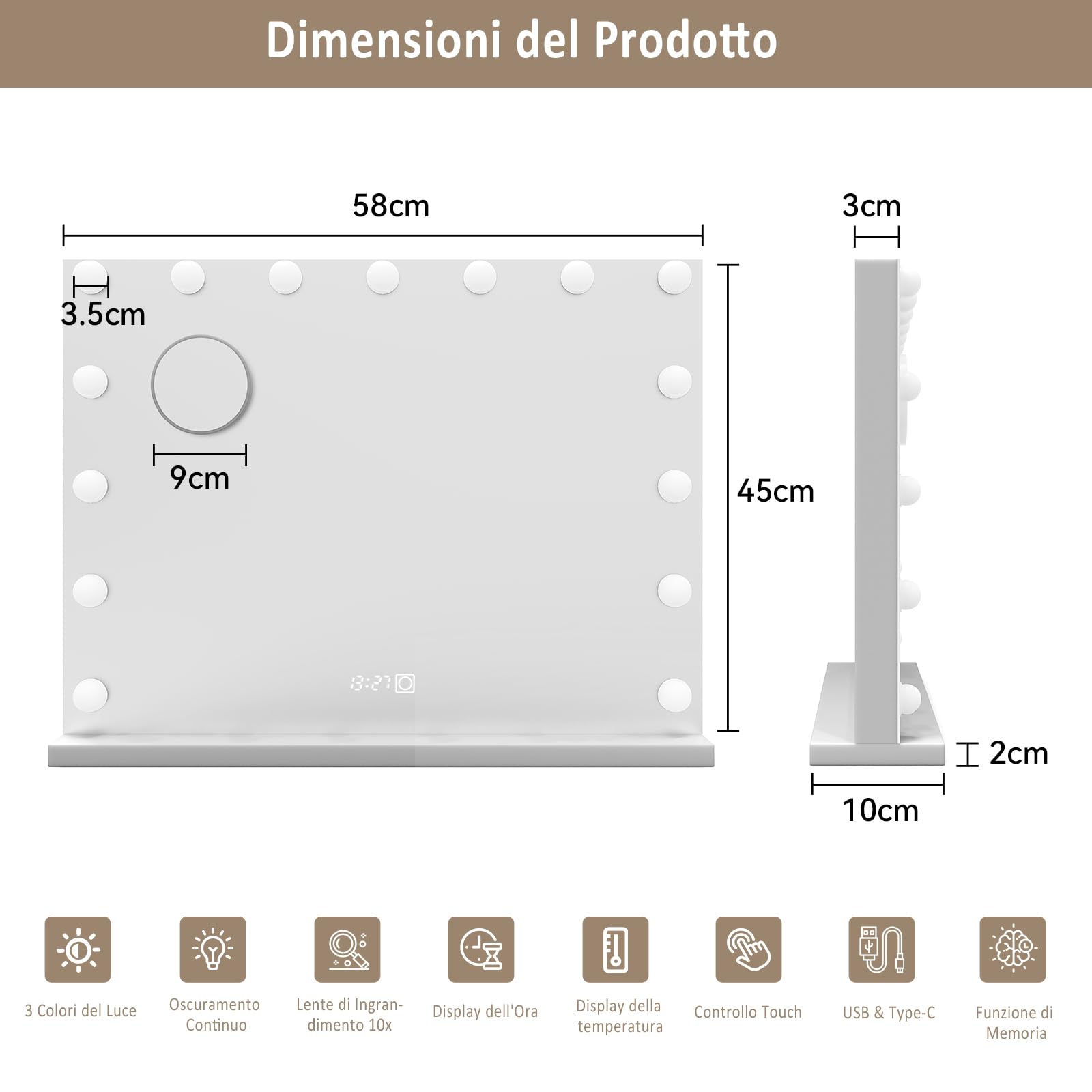 YU YUSING Specchio Trucco con Luci 80x60cm Hollywood con 18 Lampadine LED, 3 Modalità di Luce, Controllo Touch, Display Digitale, Type-C e USB, Ingrandimento 10x, da Tavolo, da Parete