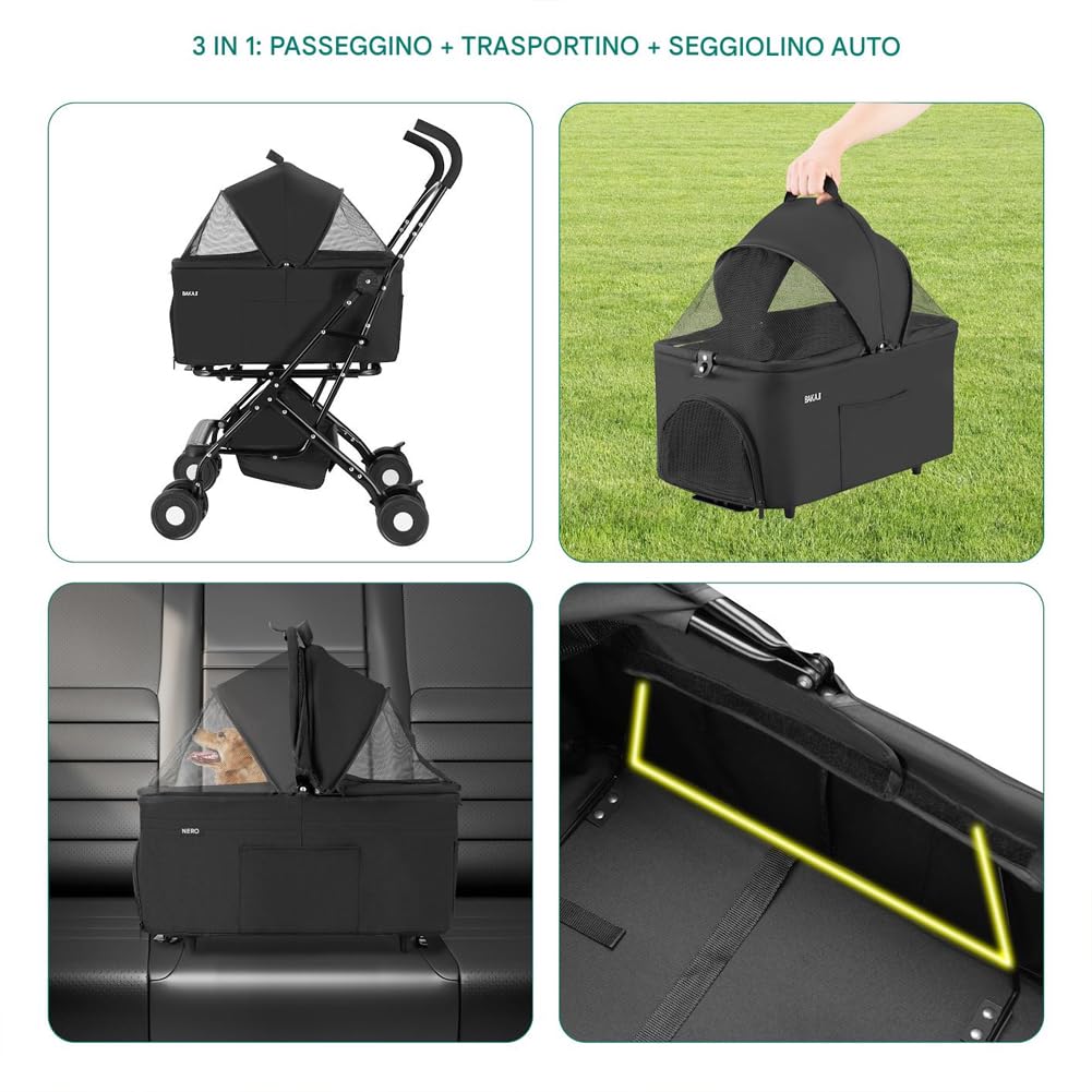 BAKAJI Passeggino per Animali Domestici 2 in 1 Carico Massimo 40kg Pieghevole e Salvaspazio, Capsula Rimovibile, Carrozzina per Cani e Gatti con Trasportino Removibile e Cestello Portaoggetti (Nero)