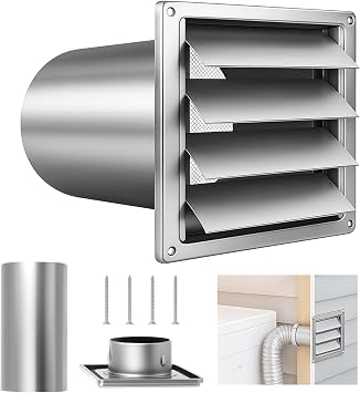 6 Wall Vent Cover with Extended air Pipe and Metal Mesh Screen, Stainless Steel Dryer Exhaust Vent Cover with Louvre, Exterior Exhaust Vent for AC and Range Hood, Includes Mounting Screws