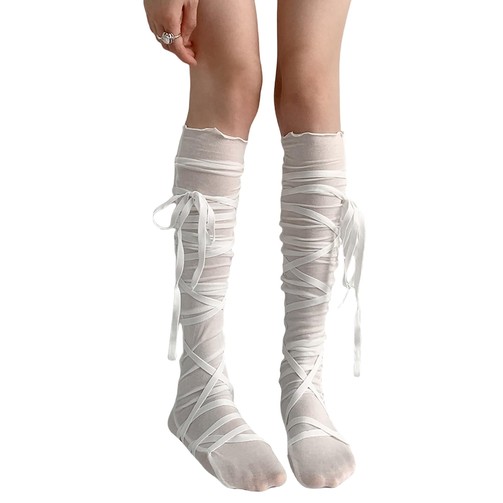 Jsghgdf Unisex White Fashion Women's Over The Knee Socks Strappy Thigh High Stockings Solid Color Long Boot Stockings Gifts Ballet Strappy