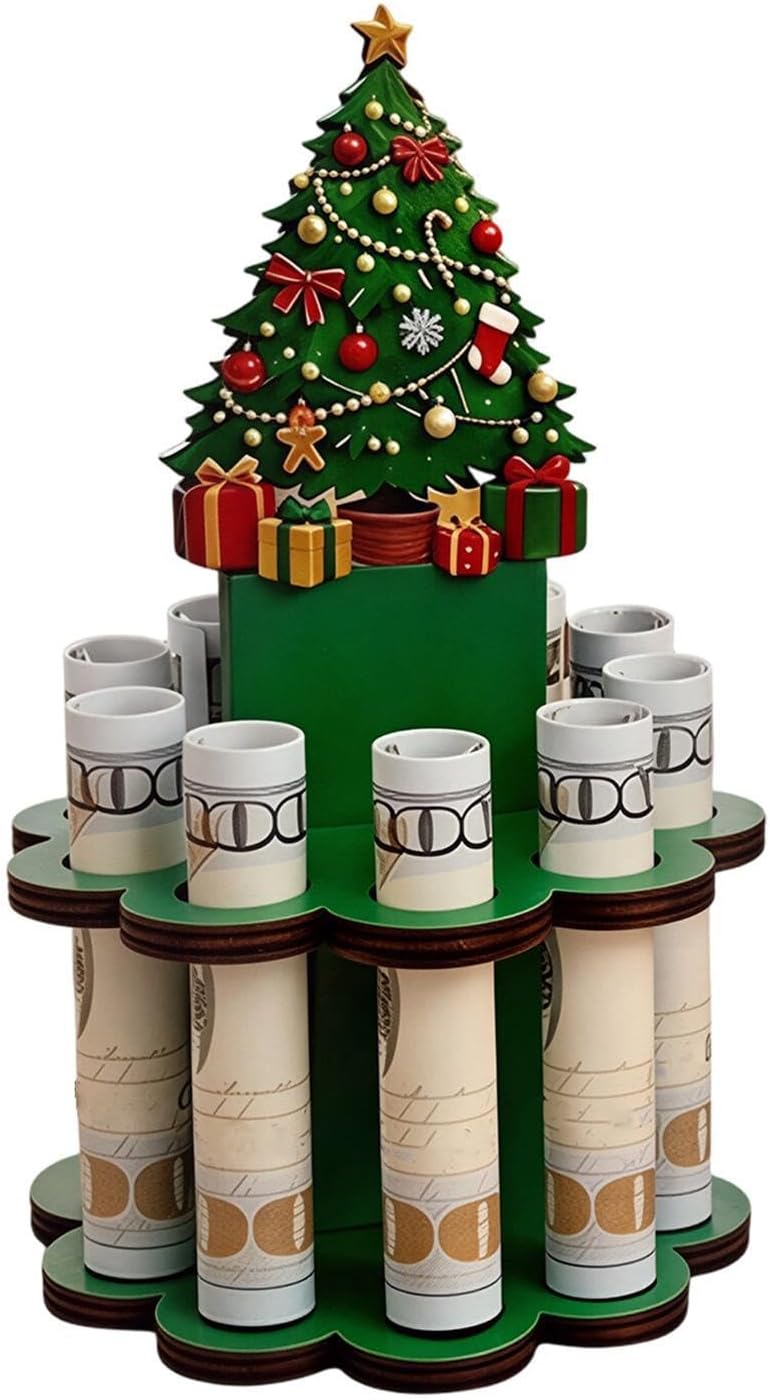 Christmas Wooden Gift Rack - Slotted Tree | Holiday Cash Holder Decor
