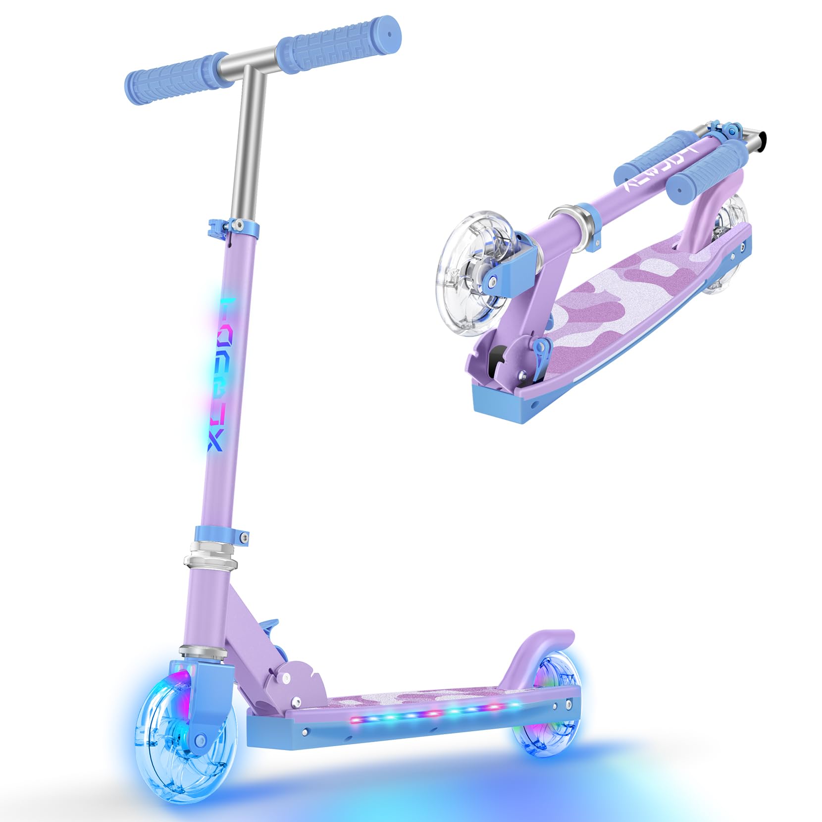 TONBUX Patinete Niños de 5 a 12 Años, Patinete Niños con Poste de Iluminación Fresco, Ruedas y Plataforma, Patinete de Altura Ajustable de Nivel 4, Patinete Ligero Plegable