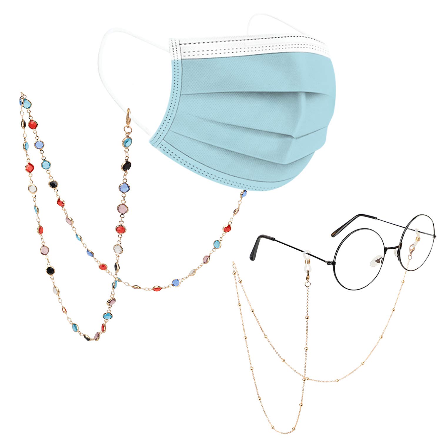 MoKo Cadena para Anteojos Elegante, [4 Piezas] Correa para Gafas de Sol de Metal con Cuentas de Vidrio Multicolor, Soporte Antideslizante para Mujer, Hombres y Adolescentes para Fijar Gafas, Oro
