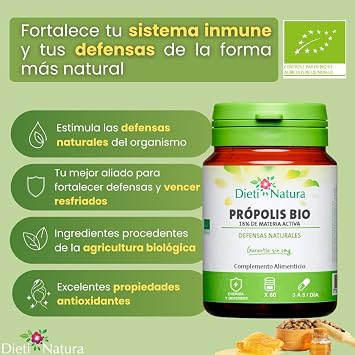 Dieti Natura Propolis BIO 18% Active Matter - Pure Natural Propolis for Immune Defenses - Antibacterial and Antioxidant Properties - Certified Beehive Product (60 BIO CAPSULES)