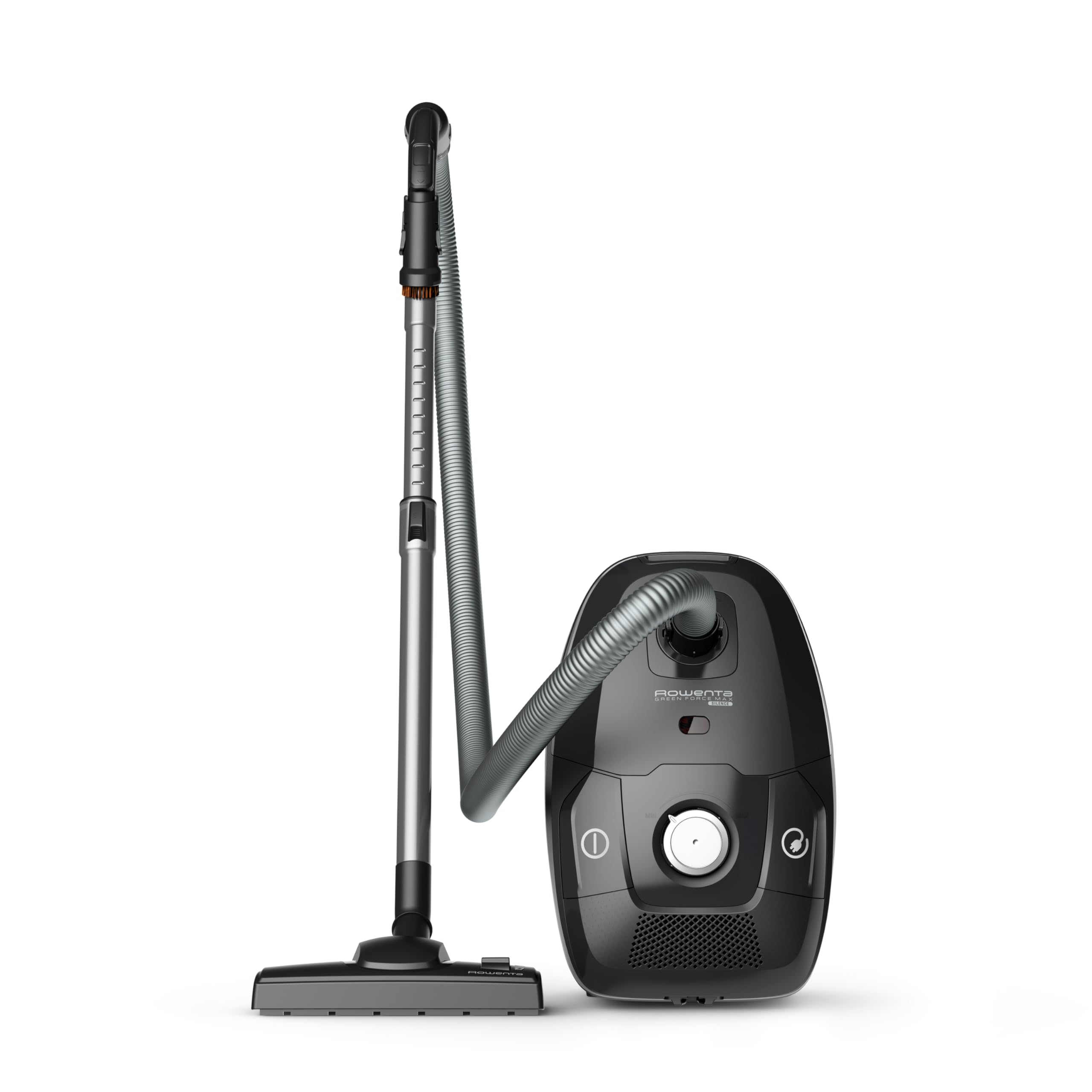 Rowenta RO6136 Green Force Max Silence, Aspirapolvere a Traino, 4,5 L, Motore Potente 900 W, 65 dB(A), Design Compatto, Aspirapolvere Silenzioso e Ecologico con Filtro Hepa e Allergy Kit