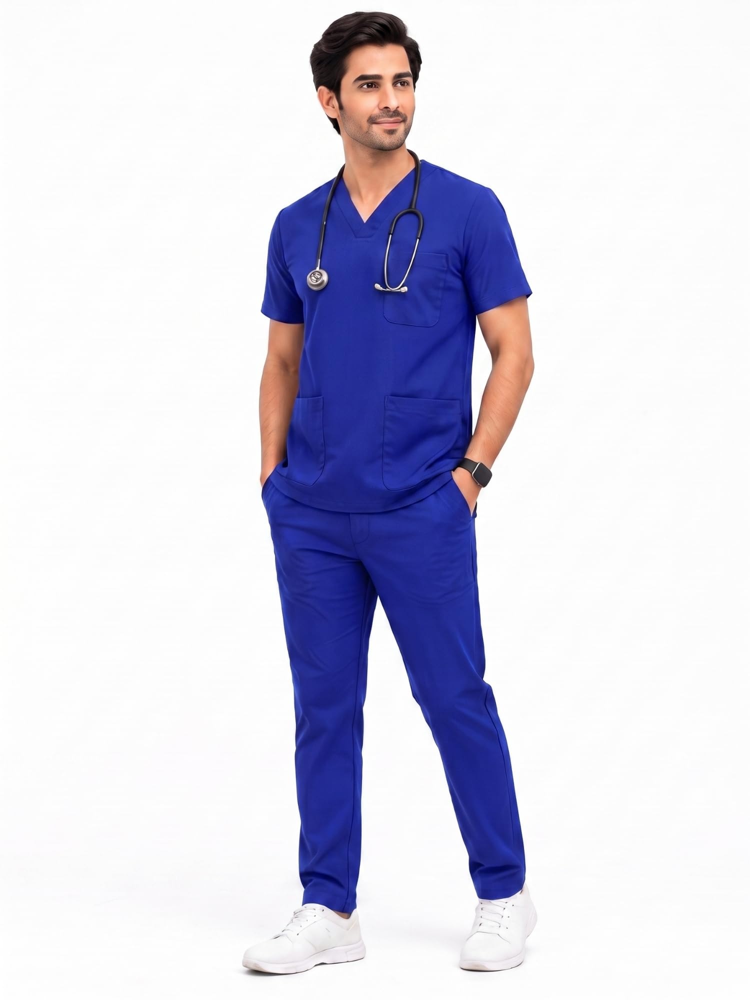 Mafatlal Men Doctors | Surgeon Scrub Suit Set with 5 Pockets, V-Neck Top & Bottom, Stretchable, Breathable, Durable Medical Uniform for OT, Nurses, Dentist, Student (XL, Royal Blue)-image-48
