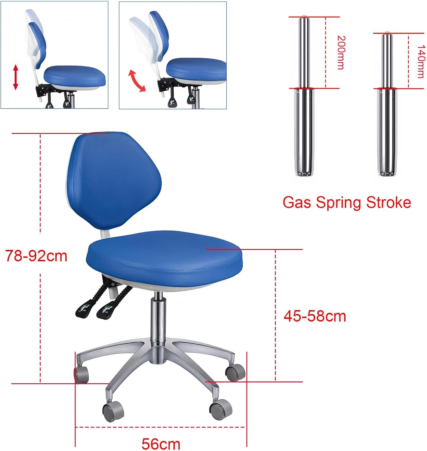 Ergonomic Medical Stool with Backrest - Heavy Duty Rolling Dental Chair with 45° Tilt Support, Adjustable Height Microfiber Leather Hydraulic Stool for Salon, Spa, Clinic, Office (Blue)