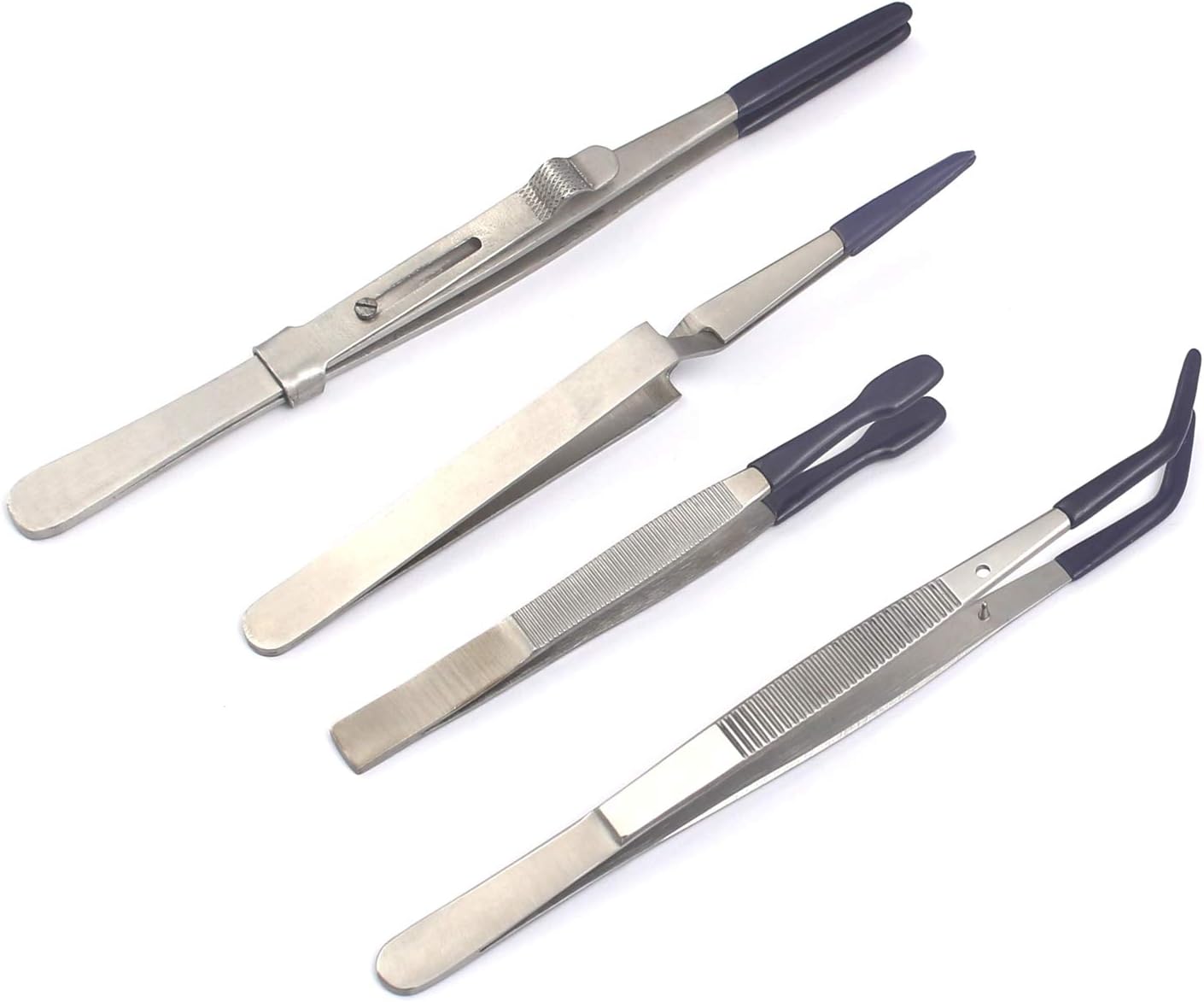 OdontoMed2011 Pack of 4 Pcs Tweezers Rubber Coated Tips PVC Non Marring Beads Jewelry Hobby Craft Work Stainless Steel Tweezers Set