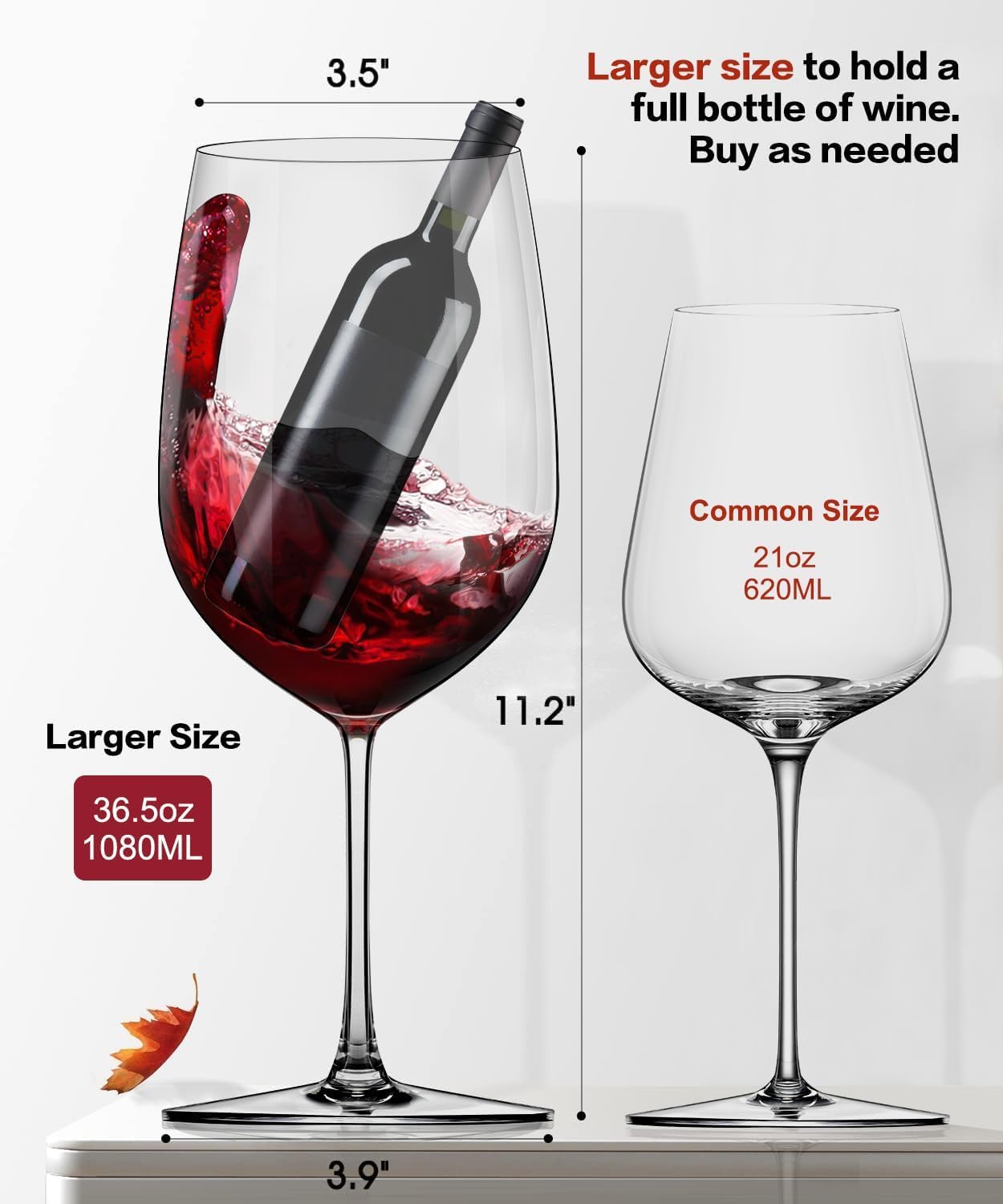 OJA Rotweingläser, mundgeblasen, riesigen Kristallgläser, 1035 ml, übergroße Weingläser, große Cabernet-Sauvignon-Gläser, leicht, klar, ideal für Weinproben, Restaurants.