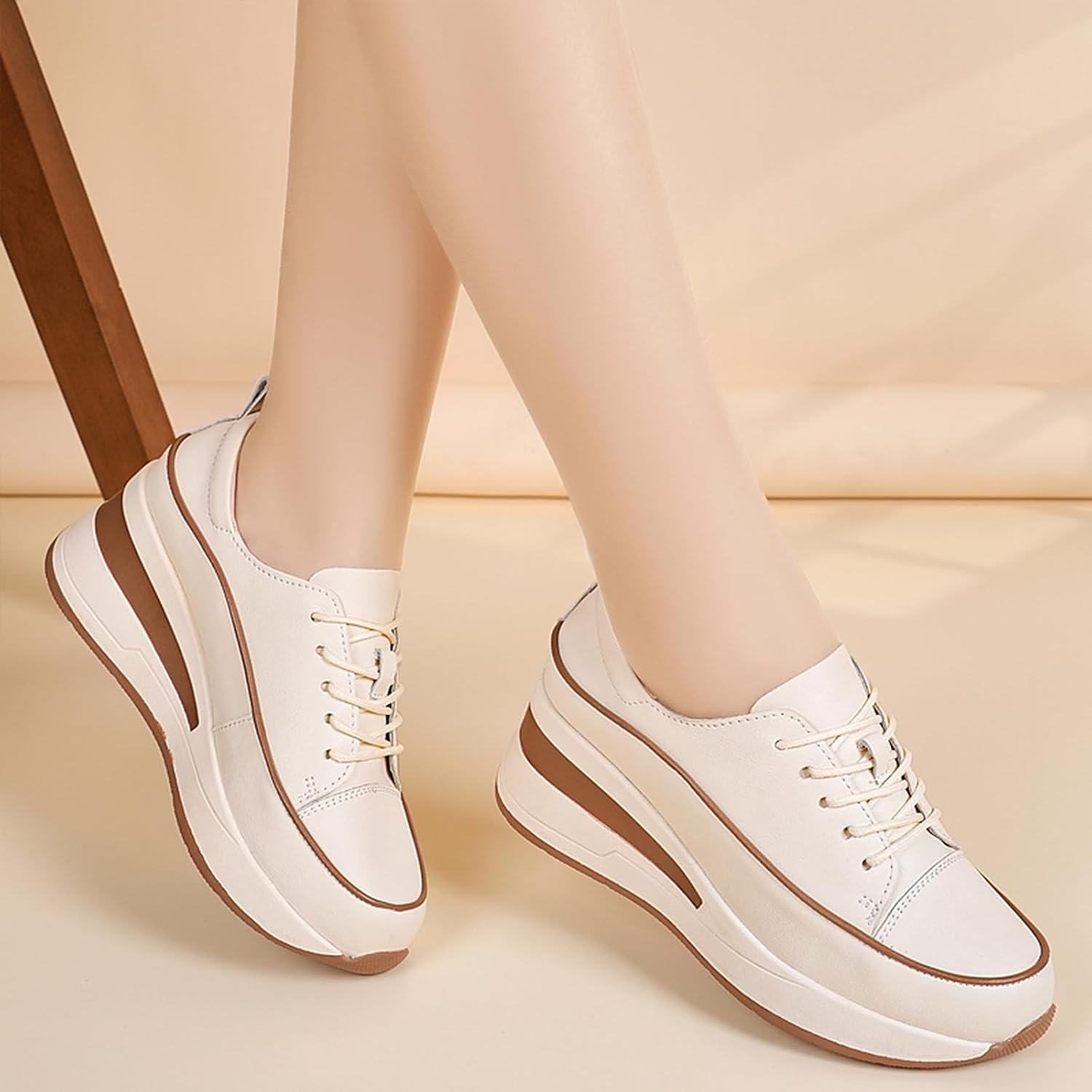 Women's Leather Lace-Up Platform Wedge Sneakers Breathable Lightweight Comfortable Low Top Walking Shoes with Arch Support Non-Slip Fashion Casual Sneakers - Image 6