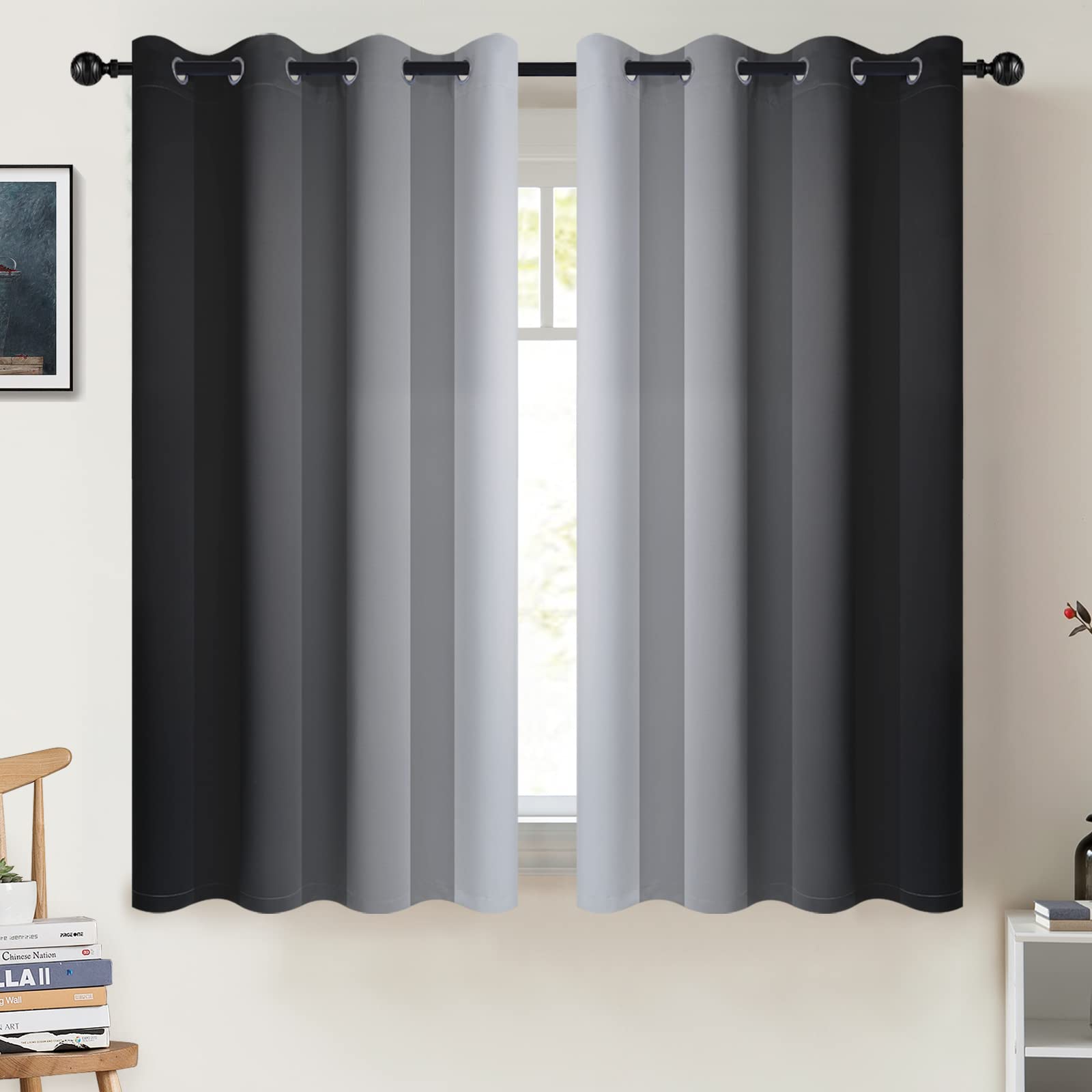 COSVIYA Cortinas y Cortinas de oscurecimiento de habitación, con Ojales, Color Negro y Blanco grisáceo, Bloqueo de luz, Aislamiento térmico, Paneles de Ventana pequeños para Dormitorio/Sala de Estar