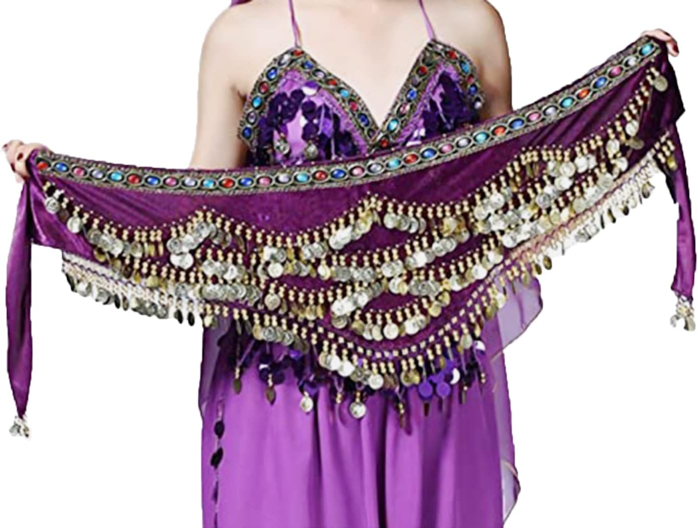 Women Belly Dance Hip Scarf with Coins - Image 2