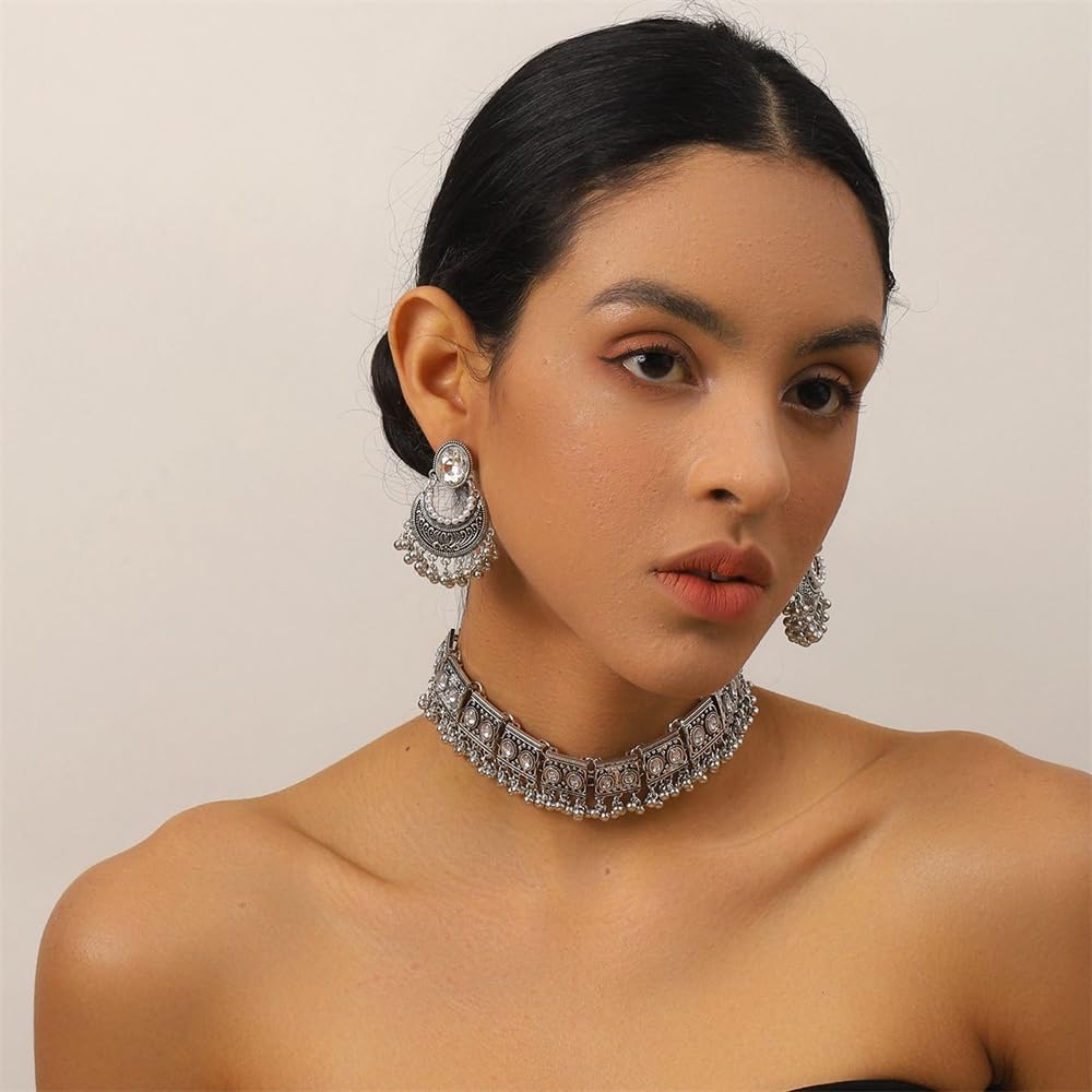 NewZenro Moon Shaped Imitation Pearls CZ Beaded Tassel Dangle Drop Earrings Indian Rectangle Choker Necklace Set for Women Silver Plated Fashion Boho Antique Bolloywood Jewelry - Image 6