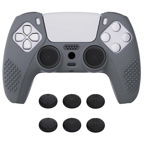 Miniatura 19 de eXtremeRate PlayVital - Funda de silicona antideslizante para controlador PS5, color morado malva 3D, con 6 tapas blancas de agarre para el pulgar