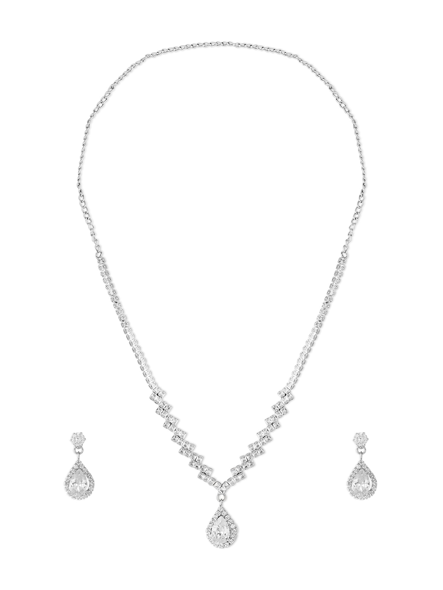 ZAVERI PEARLS Silver Tone Dazzling Austrian Diamonds Embellished Contemporary Necklace & Earring Set For Women-ZPFK18200 (B0D4LPZQR1) Amazon Price History, Amazon Price Tracker