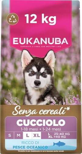 EUKANUBA Cibo secco per Cuccioli senza cereali con pesce per razze di taglia grande - Alimento secco premium privo di cereali per Cani giovani, 12 kg