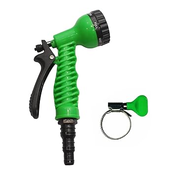 AquaHose 7 Function Water Spray Gun Set Green For Car & Bike Cleaning - Universal Fitting with Butterfly Clamp