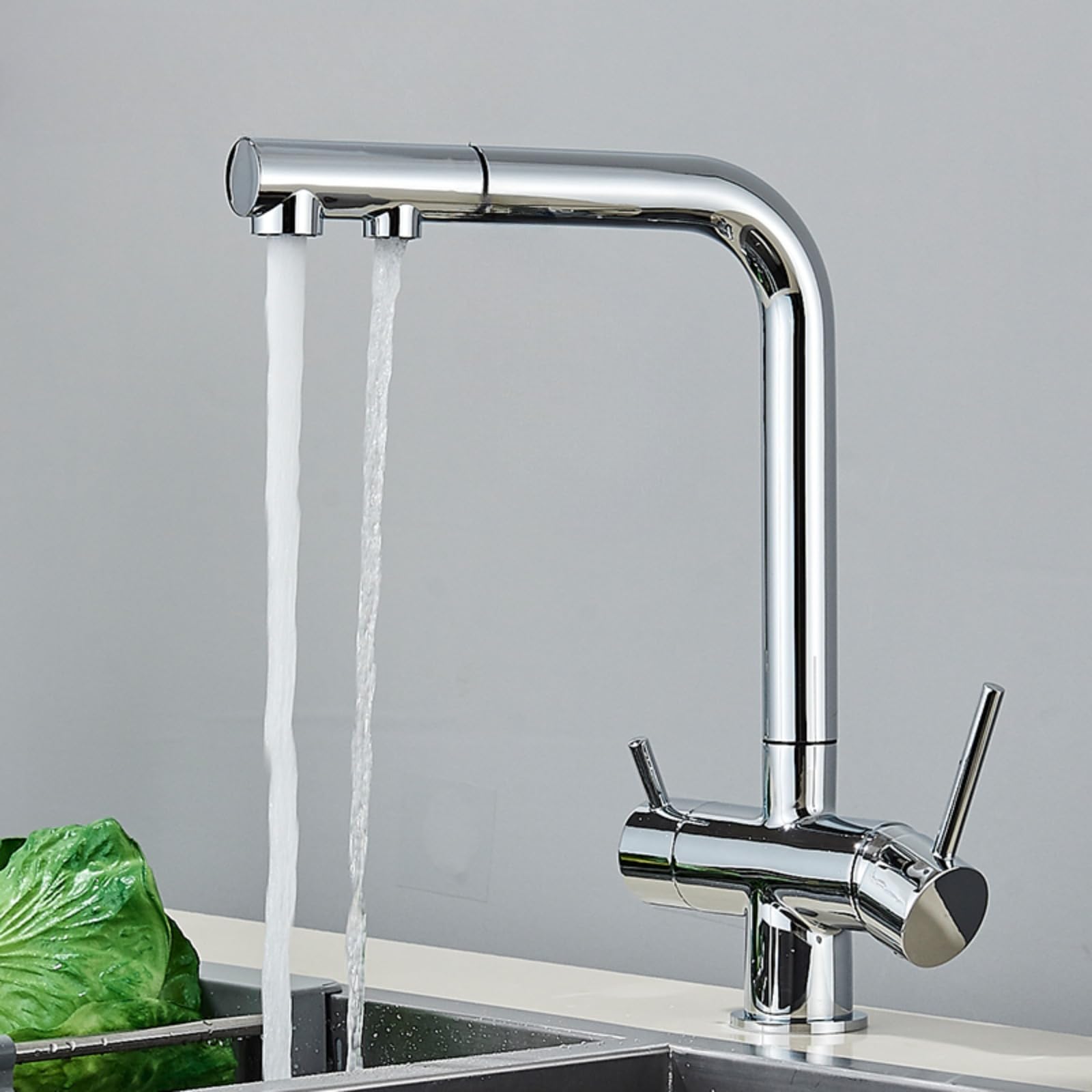 Robinet de cuisine eau pure mitigeur double poignée et douchette extractible