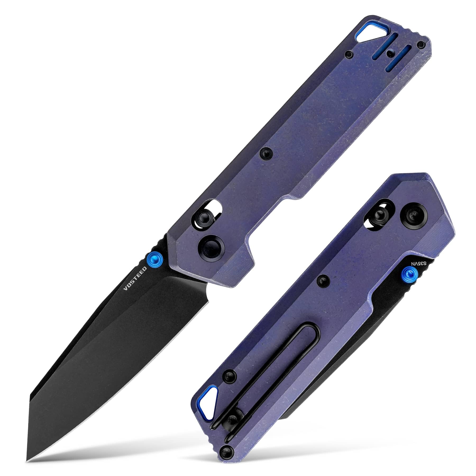 Vosteed Parallel Ultra Thin Folding Pocket Knife - 2.90" S35VN Black Stonewash Blade, Reverse Tanto - Crossbar Lock, Purple Titanium Handle - Hiking, Camping Knives - A3518