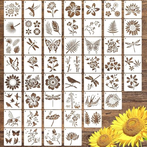Image of 50 PCS Flower Painting | Stencils Reusable Flower | Stencils for Painting | On Wood Rocks Canvas Fabric | Glass Pottery Size 4X4 Inch