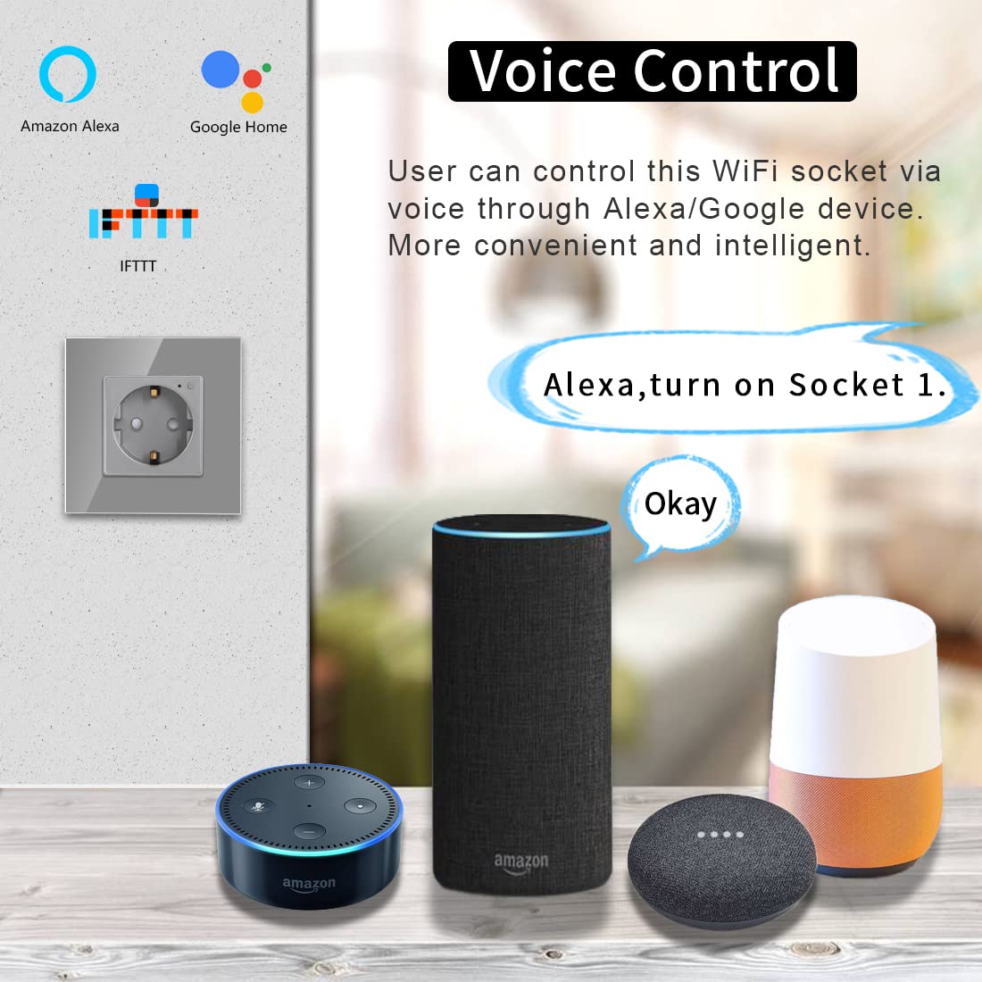 CNBINGO WLAN Schuko Socket Flush, 16 Amp en verre Smart Socket compatible avec Amazon Alexa (Echo, Echo Dot), Google Home, Contrôle de l'application, seulement 2,4 GHz WiFi, 1 voies, Gris, 2 pièce