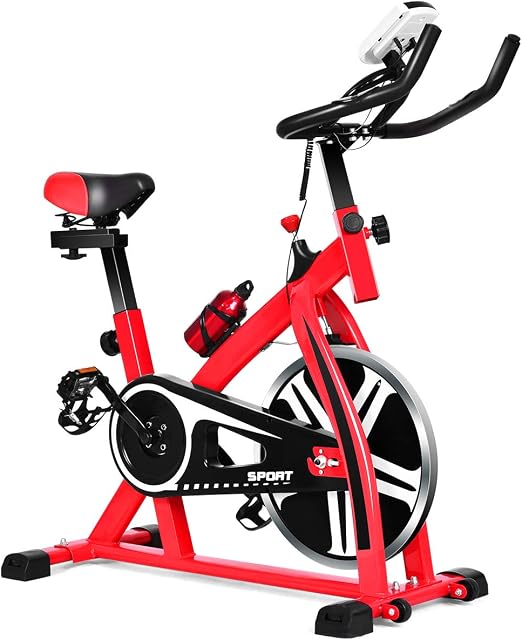 COSTWAY Exercise Bike, Flywheel Spinning Stationary Bicycle with Adjustable Seat & Resistance, Heart Rate Monitor, LCD Displays and Bottle Holder, Indoor Cycling Bikes for Home Gym Workout
