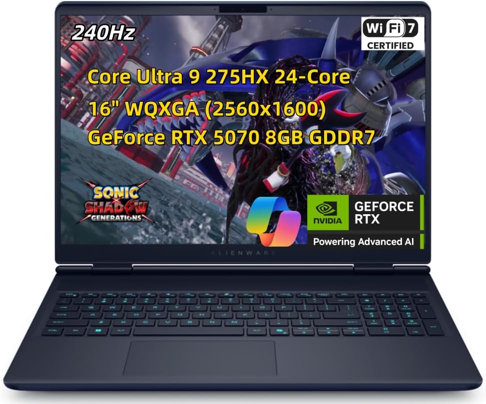 New Alien.Ware 16X Aurora Gaming AI Laptop, 16" WQXGA 240Hz (100% DCI-P3) 620 HDR nit, Core Ultra 9 275HX 24-core 64GB RAM 4TB SSD, GeForce RTX 5070 8GB, Thunderbolt4 Backlit (1 Zone) Keyboard