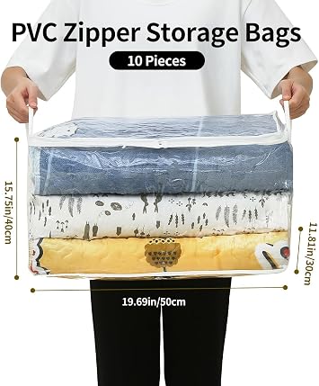 10 PCS Clear Zippered Storage Bags with Handle, Sweater Storage with Zipper, Foldable Closet Organizer Bed Sheet Organizer, Cube Plastic Organizer, Bag, Bin for Clothes,Towel-20 * 16 * 12