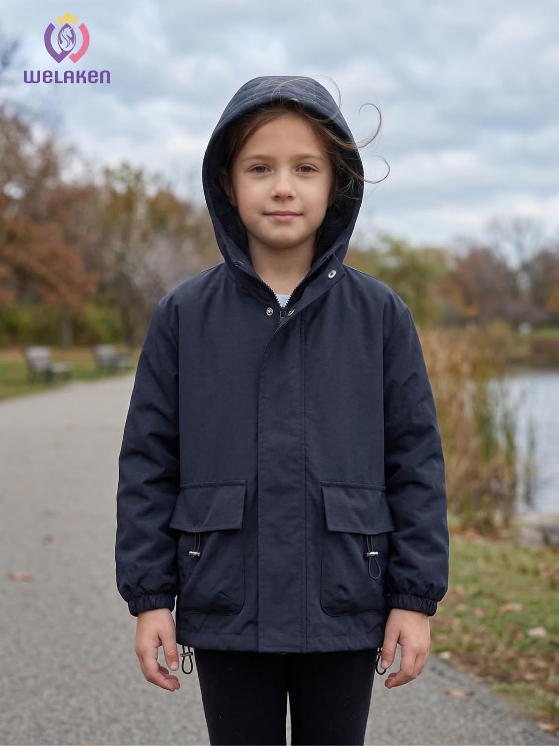 WELAKEN Girls Water-Resistant Jacket with Fleece Lining and Pockets – Kids Zip-Up Hooded Coat